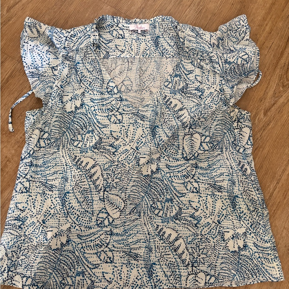 Parker Blue and White Leaf Print Blouse